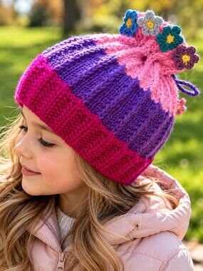 Handmade Girls Knit Flower Hat Pink Purple Fuchsia Colorblock Beanie